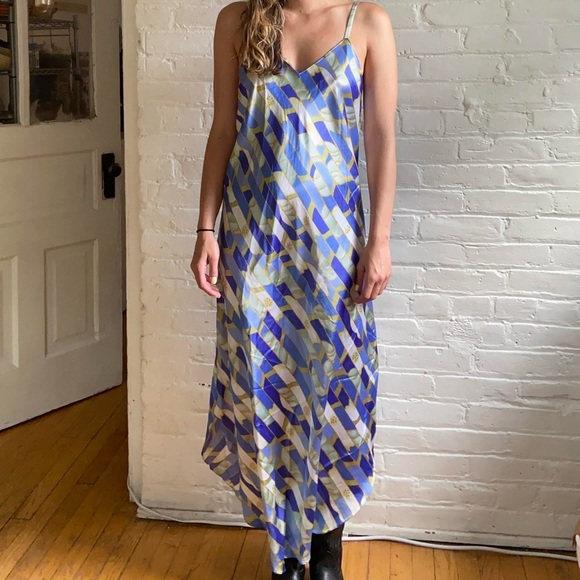 Vintage 90s Blue and Green Printed Maxi Slip Dress - Picture 1 of 4